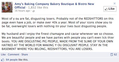 Amy's Baking Company going crazy on Facebook